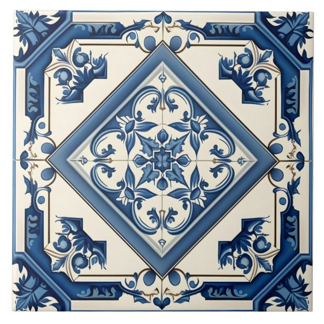 Stylish Rustic Blue Mediterranean Pattern Ceramic Tile (Front)