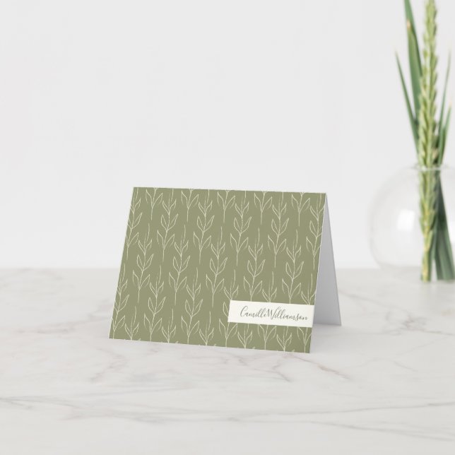 Stylish Rustic Botanical Sage Green Personalized Note Card (Front)