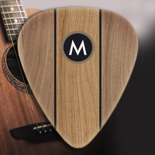 Stylish Rustic Brown Wood Stripe Monogrammed Guitar Pick