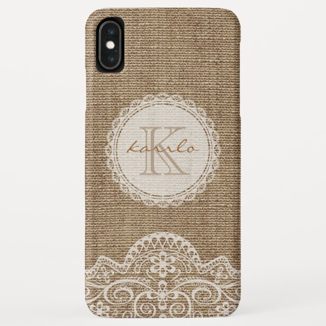 Stylish Rustic Burlap Ivory Lace Pattern Monogram Case-Mate iPhone Case (Back)