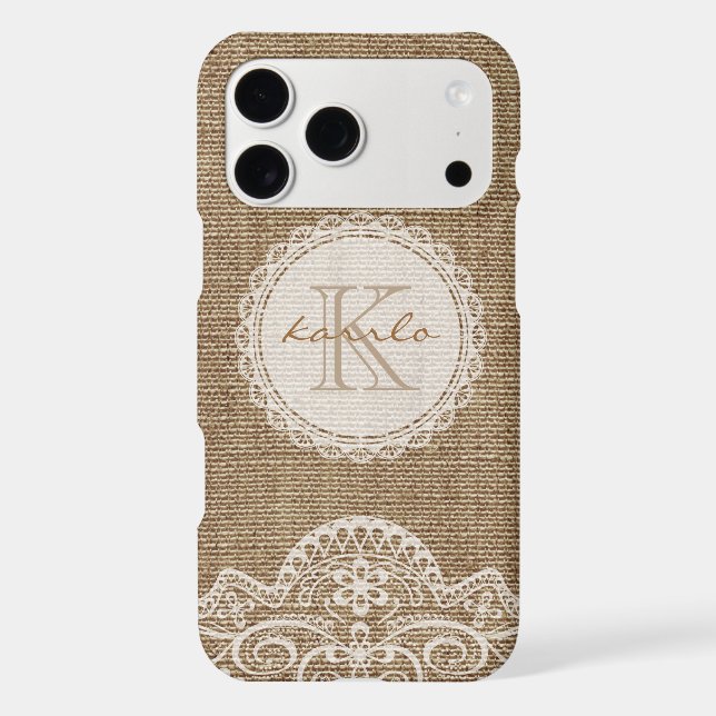 Stylish Rustic Burlap Ivory Lace Pattern Monogram Iphone Case (Back)
