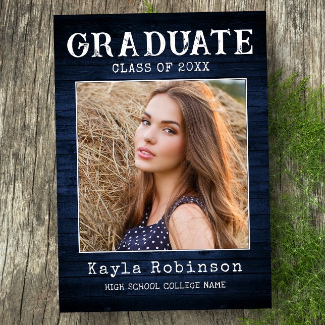 Stylish Rustic Country Blue Wood Photo Graduation Announcement (Available in print or instant digital download for quick messaging, email or self printing.)