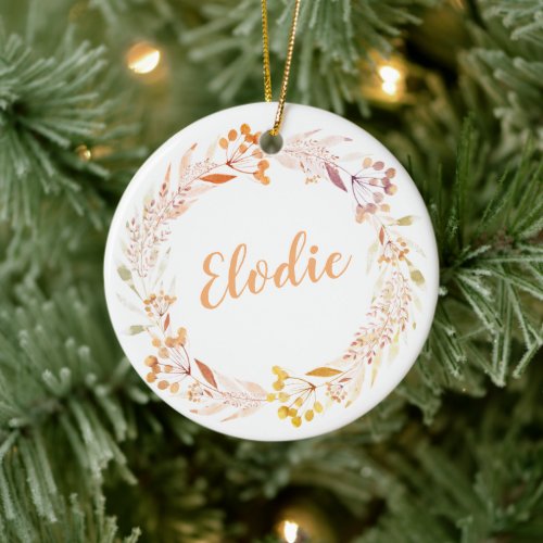 Stylish Rustic Floral Wreath Personalized Name Ceramic Ornament