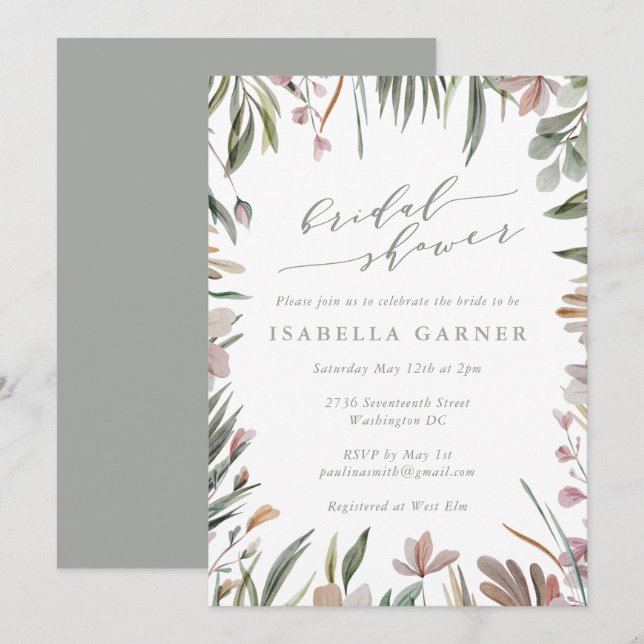 Stylish Rustic Greenery Sage Green Bridal Shower  Invitation (Front/Back)