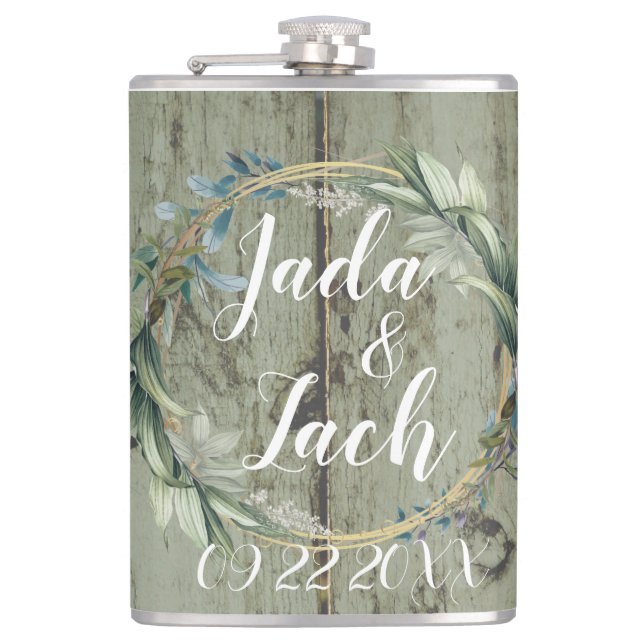 Stylish Rustic Leafy  Wreath Wedding  Flask (Front)