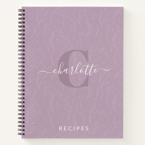 Stylish Rustic Lilac Botanical Monogram Recipe Notebook