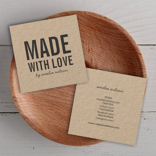 Stylish Rustic Made with Love Social Media Kraft Square Business Card (Creator Uploaded)
