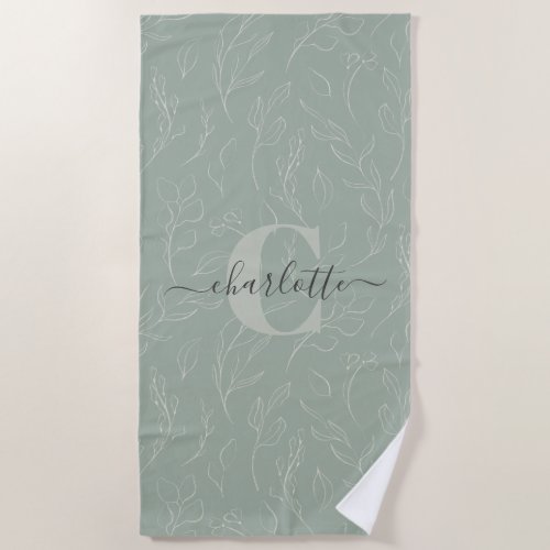 Stylish Rustic Sage Green Botanical Floral Name Beach Towel