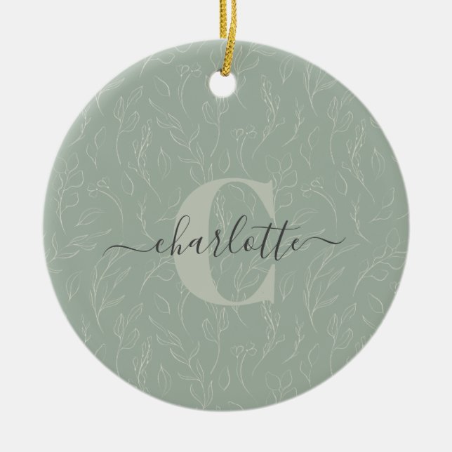 Stylish Rustic Sage Green Botanical Floral Name  Ceramic Ornament (Front)