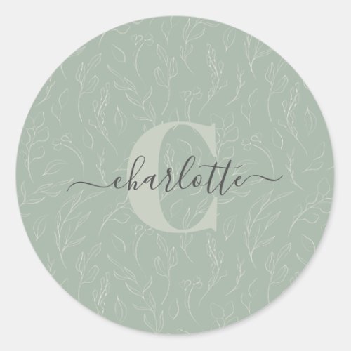 Stylish Rustic Sage Green Botanical Floral Name    Classic Round Sticker