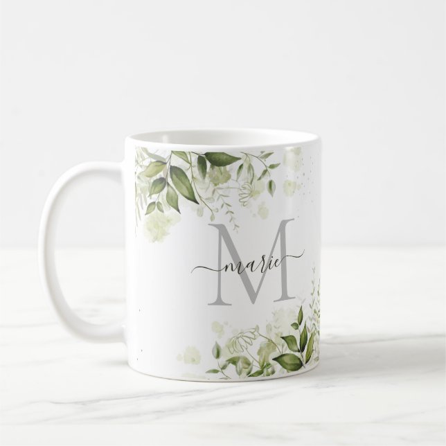 Stylish Rustic Sage Green Botanical Floral Name Coffee Mug (Left)