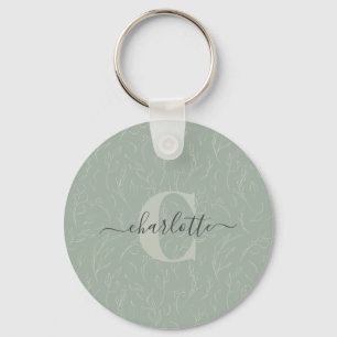 Stylish Rustic Sage Green Botanical Floral Name    Keychain