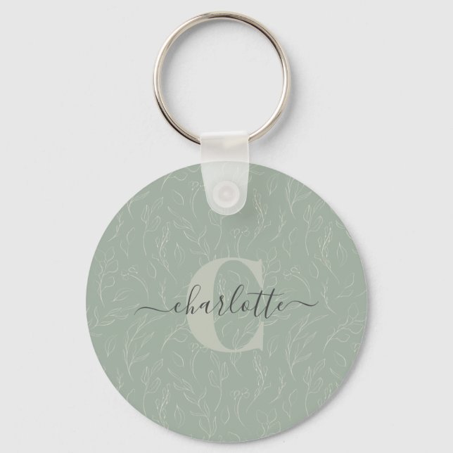 Stylish Rustic Sage Green Botanical Floral Name    Keychain (Front)