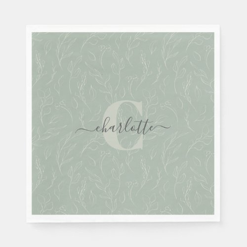 Stylish Rustic Sage Green Botanical Floral Name Napkins