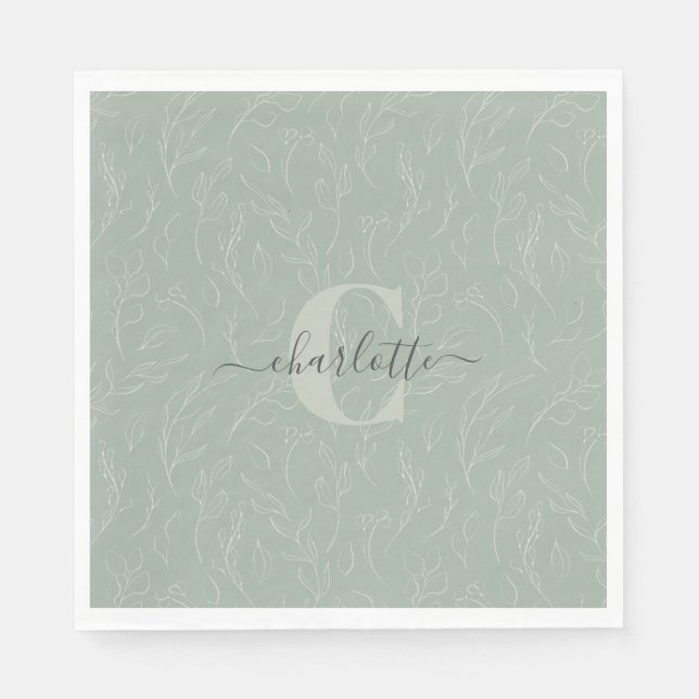 Stylish Rustic Sage Green Botanical Floral Name Napkins (Front)
