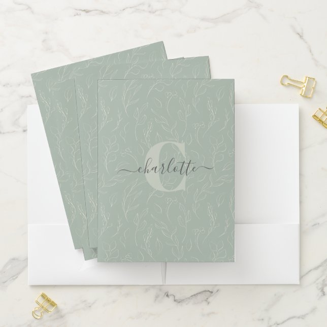 Stylish Rustic Sage Green Botanical Floral Name  Pocket Folder (In Situ)