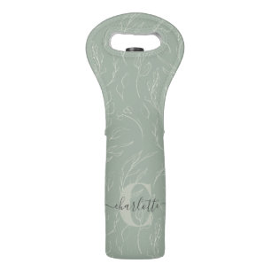 Stylish Rustic Sage Green Botanical Floral Name  Wine Bag