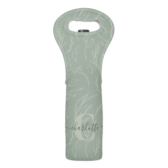 Stylish Rustic Sage Green Botanical Floral Name  Wine Bag (Front)