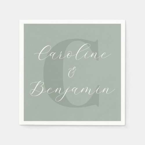 Stylish Rustic Sage Green Monogram Script Name Napkins