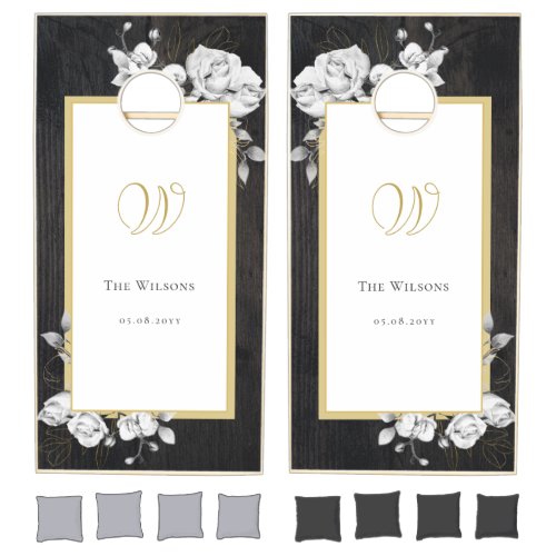 Stylish Rustic Simple Gold Frame Monogram Wedding Cornhole Set