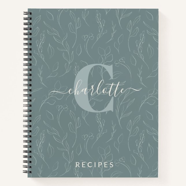 Stylish Rustic Teal Botanical Monogram Recipe Notebook (Front)