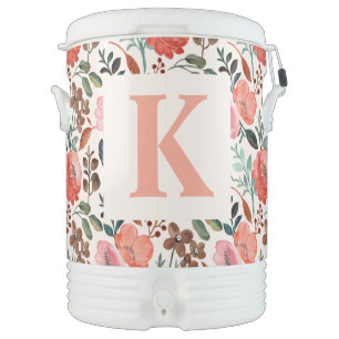 Stylish Rustic Watercolor Floral Pattern Monogram Beverage Cooler