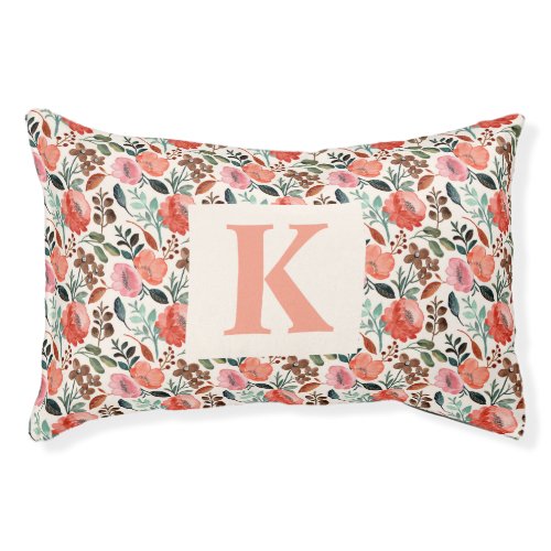 Stylish Rustic Watercolor Floral Pattern Monogram Pet Bed