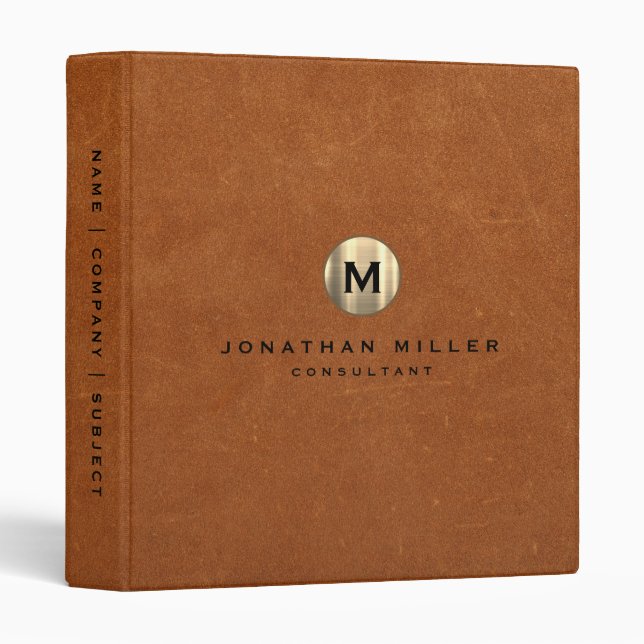 Stylish Sable Brown Leather Gold Monogram 3 Ring Binder (Front/Spine)