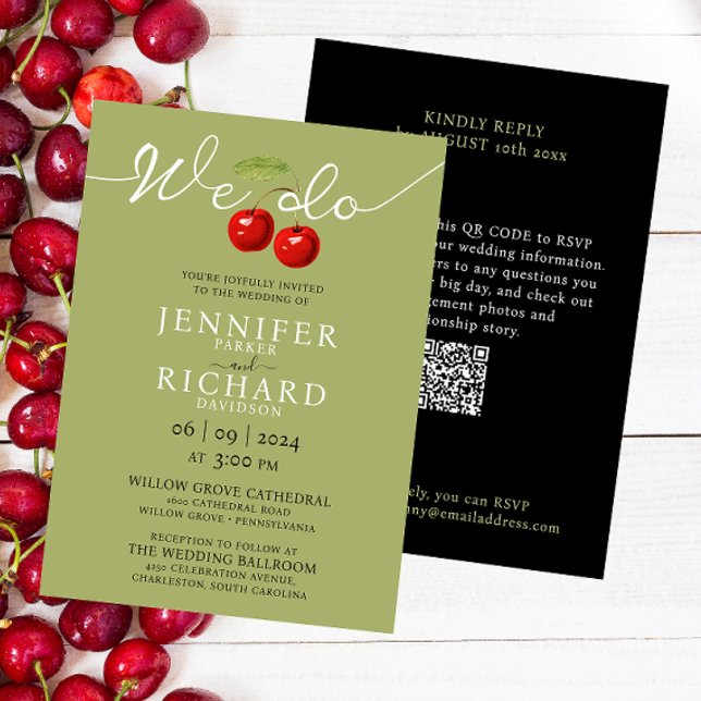 Stylish Sage And Red Cherries And QR Code Wedding Invitation (Creator Uploaded)