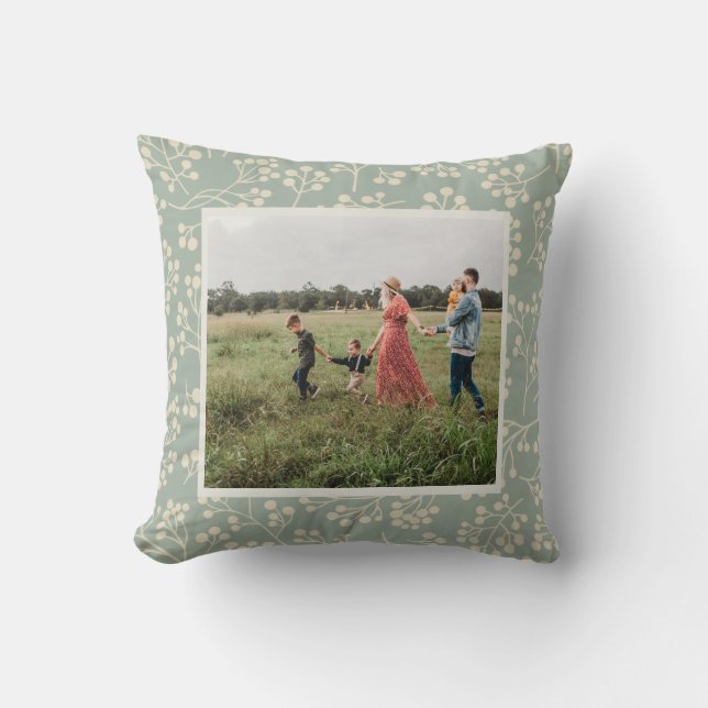 Stylish Sage Floral Modern Farmhouse Custom Photo Throw Pillow (Front)