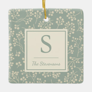 Stylish Sage Floral Pattern Farmhouse Monogrammed Ceramic Ornament