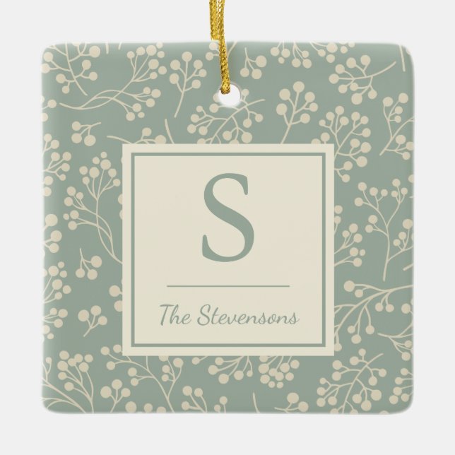 Stylish Sage Floral Pattern Farmhouse Monogrammed  Ceramic Ornament (Front)