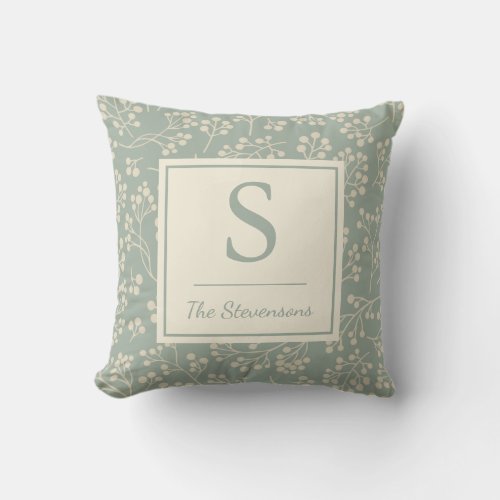 Stylish Sage Floral Pattern Farmhouse Monogrammed Throw Pillow