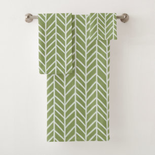 Stylish Sage Green Boho Herringbone Pattern Bath Towel Set