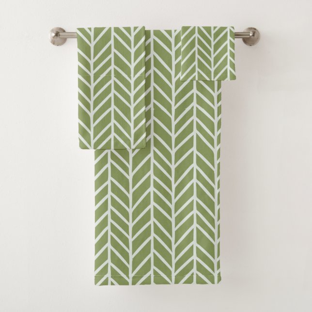 Stylish Sage Green Boho Herringbone Pattern Bath Towel Set (Insitu)