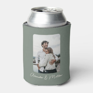 Stylish Sage Green Calligraphy Personalized Photo Can Cooler