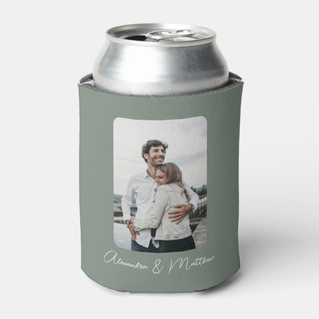 Stylish Sage Green Calligraphy Personalized Photo Can Cooler (Can Front)