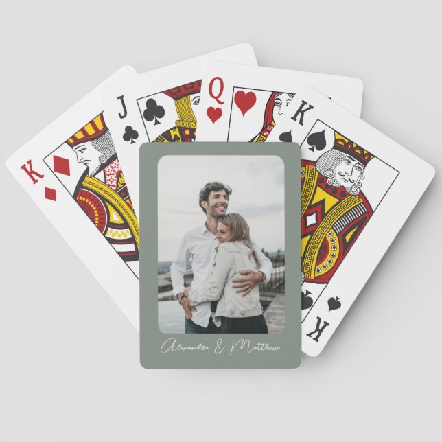 Stylish Sage Green Calligraphy Personalized Photo  Poker Cards (Back)