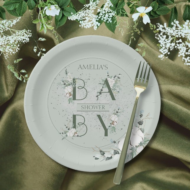 Stylish Sage Green Floral Baby Shower Paper Plates (Creator Uploaded)
