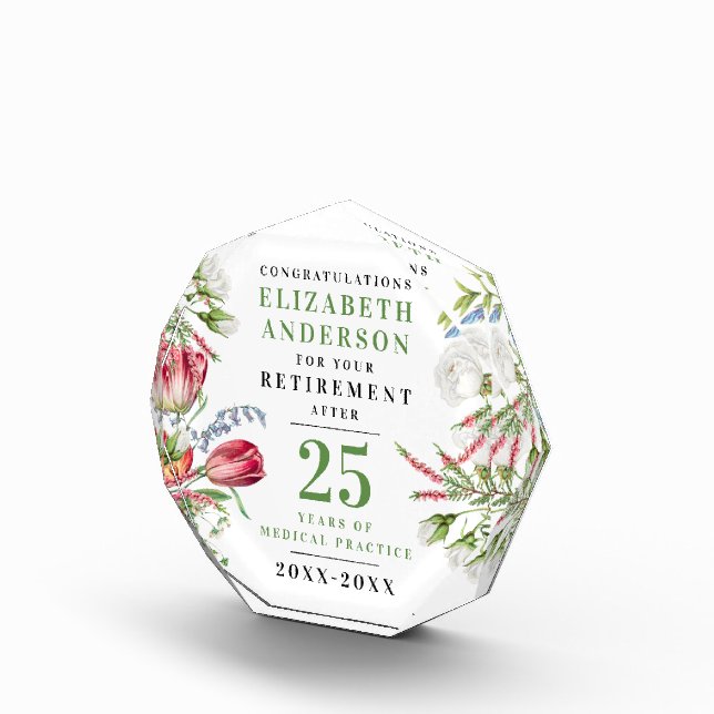 Stylish Sage Green Floral Retirement Celebration Acrylic Award (Right)