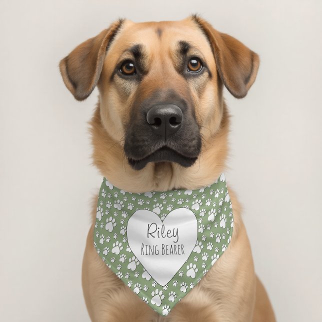 Stylish Sage Green Heart Paw Print Dog Wedding Pet Bandana Collar (Dog 2)