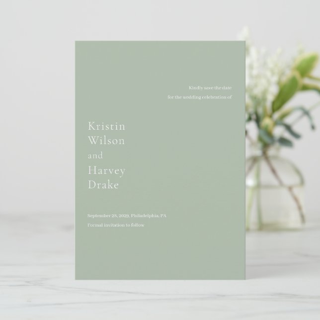 Stylish Sage Green Modern Wedding Save The Date (Standing Front)