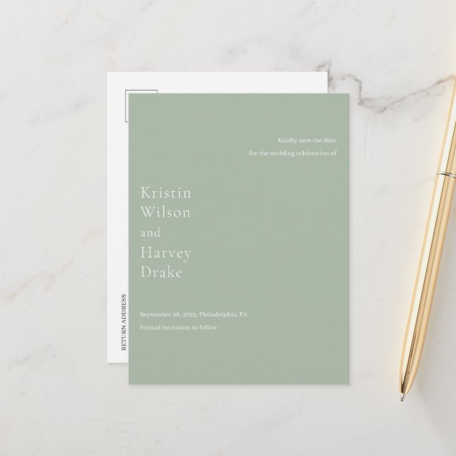 Stylish Sage Green Modern Wedding Save the Date Announcement Postcard (Front/Back In Situ)