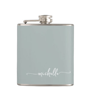 Stylish Sage Green Monogram Name Script Flask