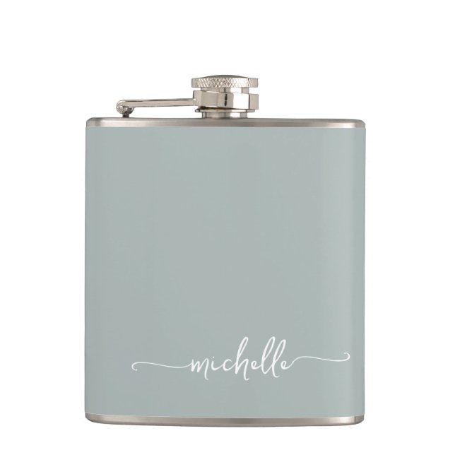 Stylish Sage Green Monogram Name Script Flask (Front)