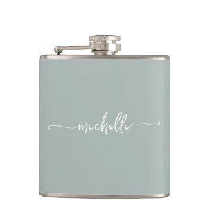 Stylish Sage Green Monogram Name Script Flask