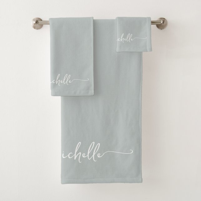 Stylish Sage Green Monogram Name Script Signature  Bath Towel Set (Insitu)