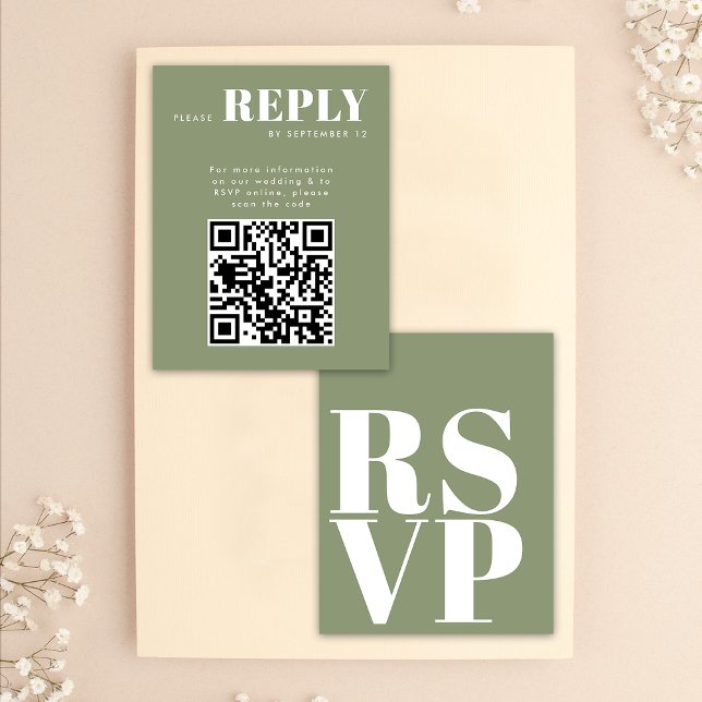 Stylish Sage Green RSVP Cards for Wedding QR Code (Front / Back)