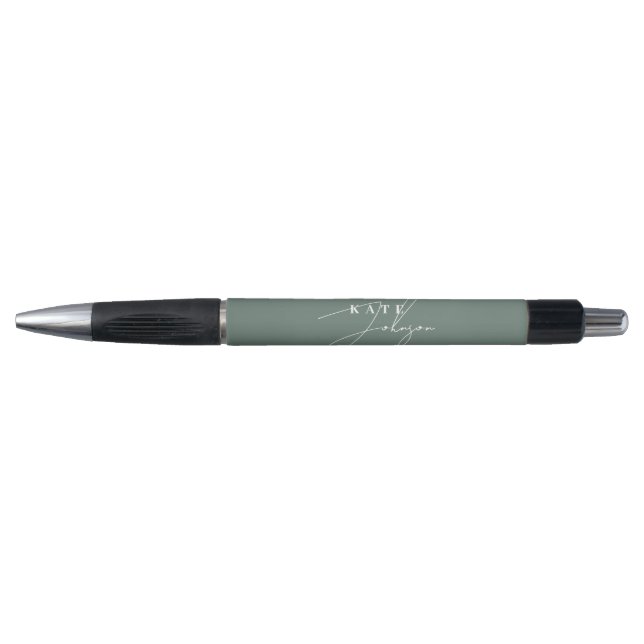 Stylish Sage Green Signature Script Monogram Pen (Front)