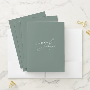 Stylish Sage Green Signature Script Monogram Pocket Folder